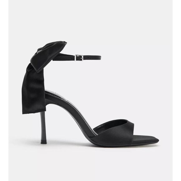 BNWT ZARA MAXI BOW HEELED SANDALS SATIN EFFECT BLACK 36 - Picture 1 of 2